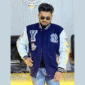 Men's New York Yankees navy mash-up varsity jacket with wool body, leather sleeves, and embroidered team patches.
