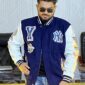 Men's New York Yankees navy mash-up varsity jacket with wool body, leather sleeves, and embroidered team patches.