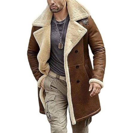 "A rugged yet stylish B3 Bomber Shearling Aviator Coat for Men, crafted from genuine sheepskin leather with a plush shearling lining. Features a high shearling collar, front buckle straps, rib-knit cuffs, and multiple pockets, combining vintage aviator design with modern functionality. Perfect for winter warmth and timeless fashion."