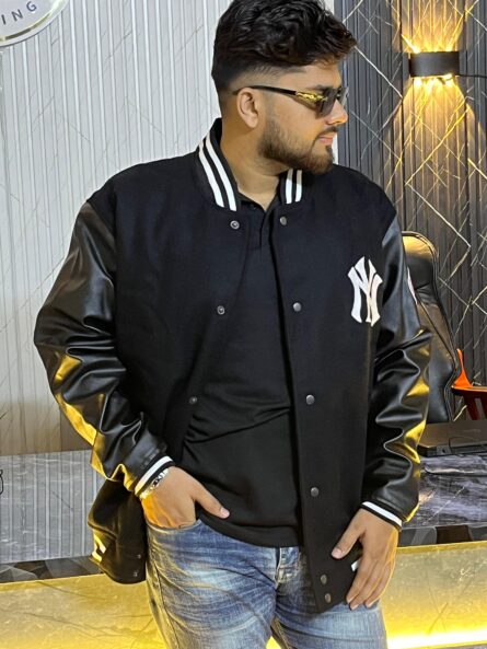 Men's New York Yankees Varsity Jacket with black wool body and black leather sleeves