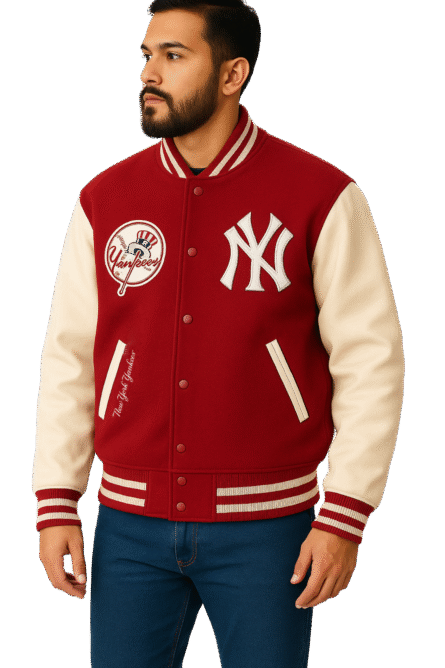 Men's New York Yankees Varsity Jacket with red wool body and white leather sleeves