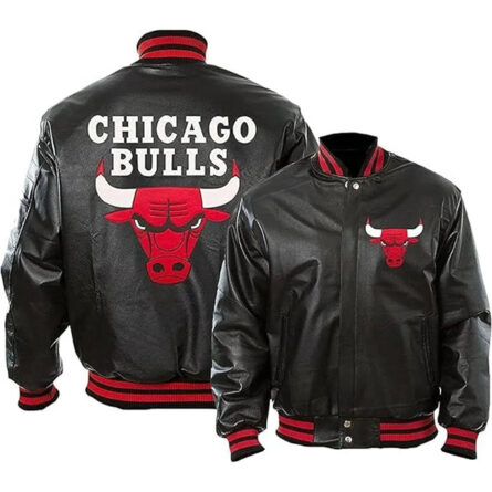 "Chicago Bulls varsity jacket in team colors with leather sleeves, embroidered logos, and a classic letterman style for basketball fans."