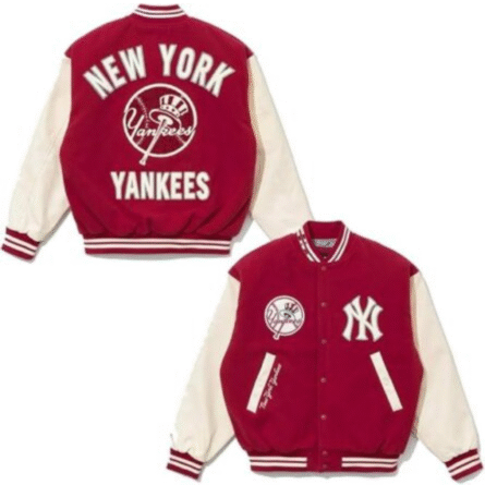 Men's New York Yankees Varsity Jacket with red wool body and white leather sleeves