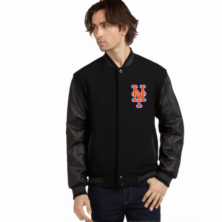MBL New York Mets wool Black varsity jacket with team logo, button closure, and striped rib-knit cuffs and hem.
