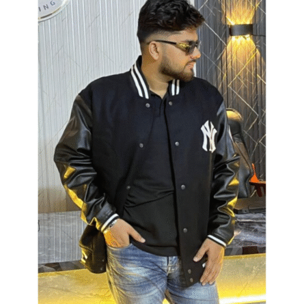 Men's New York Yankees Varsity Jacket with black wool body and black leather sleeves
