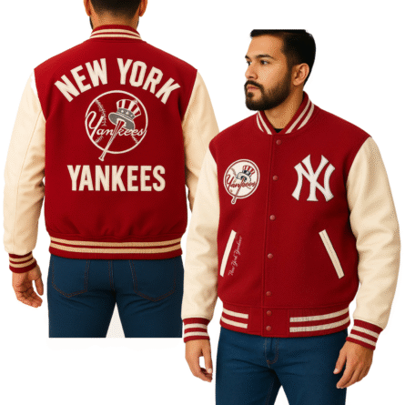 Men's New York Yankees Varsity Jacket with red wool body and white leather sleeves