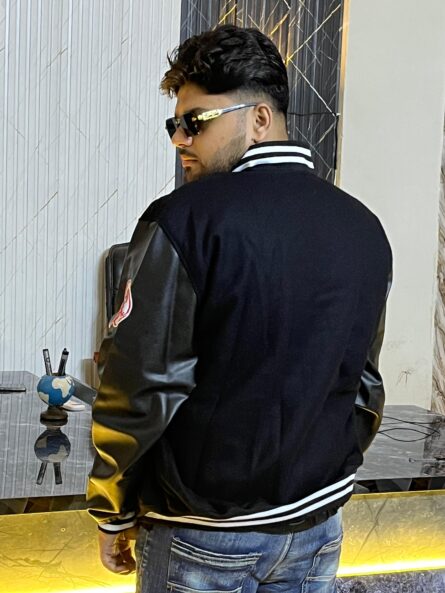 Men's New York Yankees Varsity Jacket with black wool body and black leather sleeves