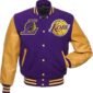 “Men’s L A Lakers Purple and Gold Bomber Varsity Jacket with Faux-Leather Sleeves and Embroidered Team Logos – Retro NBA Letterman League Streetwear for Basketball Fans”
