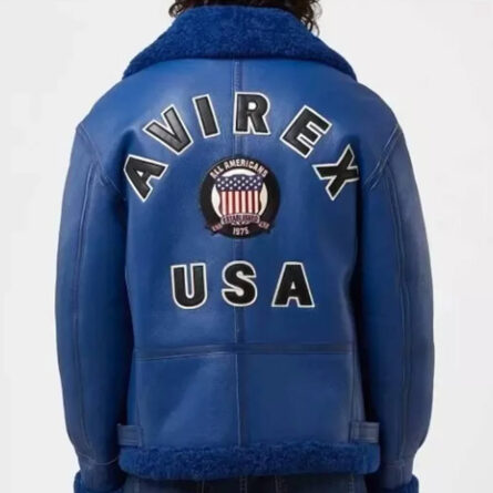 "A vintage-style blue leather aviator jacket with a shearling fur collar and lining. Features a front zipper closure, multiple pockets,