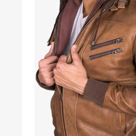 Men Brown Leather Removable Hooded Jacket - Image 5