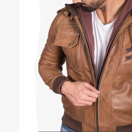 Men Brown Leather Removable Hooded Jacket - Image 2