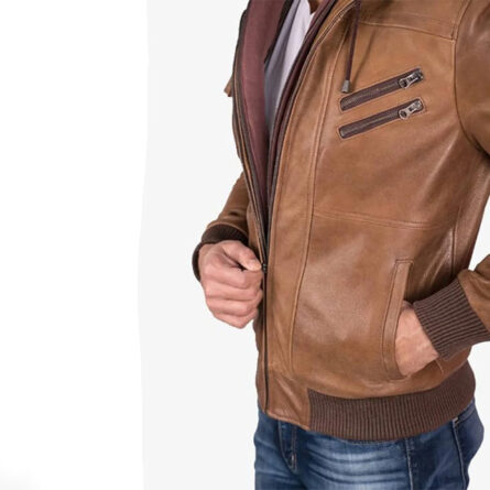 Men Brown Leather Removable Hooded Jacket - Image 3