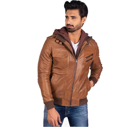 Men Brown Leather Removable Hooded Jacket - Image 1