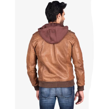 Men Brown Leather Removable Hooded Jacket - Image 4