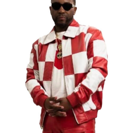Men Checkmate Red & White Leather Jacket