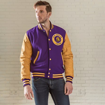 Men's Los Angeles Bomber Varsity Jacket with bold LA lettering, ribbed cuffs and hem, front snap-button closure, and classic athletic-inspired design.