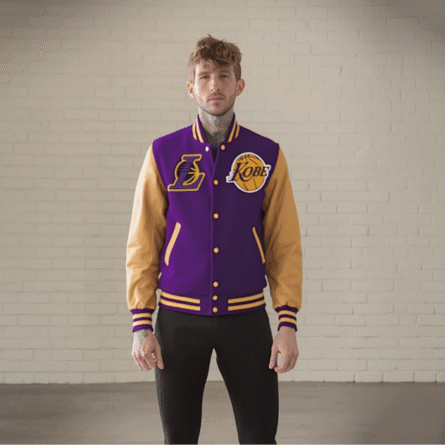 Men's Los Angeles Bomber Varsity Jacket with bold LA lettering, ribbed cuffs and hem, front snap-button closure, and classic athletic-inspired design.