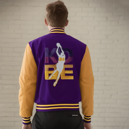 Men's Los Angeles Bomber Varsity Jacket with bold LA lettering, ribbed cuffs and hem, front snap-button closure, and classic athletic-inspired design.