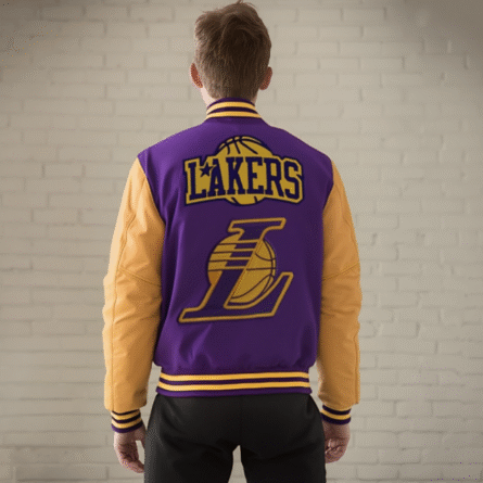 Men's Los Angeles Bomber Varsity Jacket with bold LA lettering, ribbed cuffs and hem, front snap-button closure, and classic athletic-inspired design.