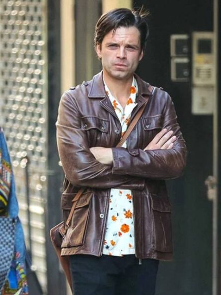 "A sleek, modern black jacket inspired by Sebastian Stan in 'A Different Man,' featuring sharp tailoring, an edgy asymmetrical design, and a bold stand-up collar for a dramatic fashion statement."