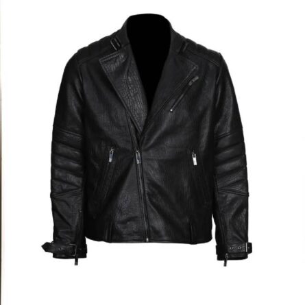 "David Beckham-inspired black genuine leather biker jacket with asymmetric zipper, notch lapel, zippered pockets, and quilted shoulder detailing. Classic rugged style for men and women."