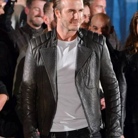 "David Beckham-inspired black genuine leather biker jacket with asymmetric zipper, notch lapel, zippered pockets, and quilted shoulder detailing. Classic rugged style for men and women."