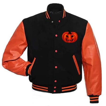 "A vintage-style orange and black varsity jacket with leather sleeves, featuring spooky Halloween embroidery like bats and pumpkins. Perfect for festive fall fashion."