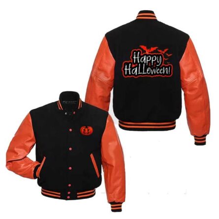 "A vintage-style orange and black varsity jacket with leather sleeves, featuring spooky Halloween print like bats and pumpkins. Perfect for festive fall fashion."