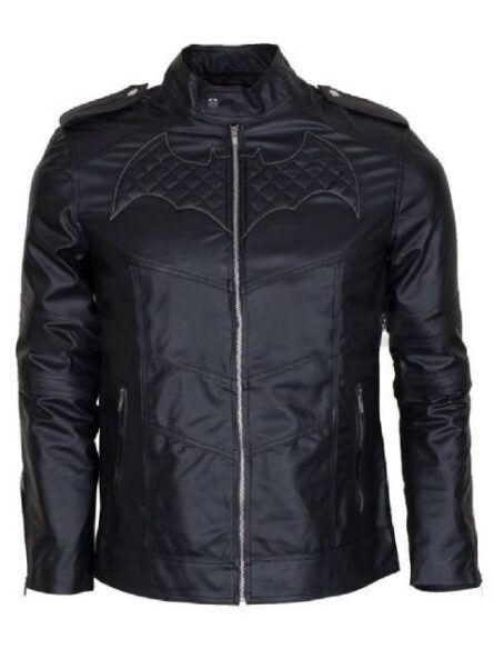 "Sleek Batman Beyond black leather biker jacket with accents, asymmetrical zip, cuffs & embossed Bat-logo for heroic style."