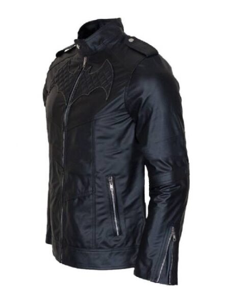 "Sleek Batman Beyond black leather biker jacket with accents, asymmetrical zip, cuffs & embossed Bat-logo for heroic style."