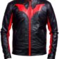 Batman Beyond Terry McGinnis black leather biker jacket with red bat logo, front zipper, and sleek futuristic design.