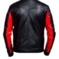 Batman Beyond Terry McGinnis black leather biker jacket with red bat logo, front zipper, and sleek futuristic design.