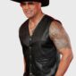 Dwayne Johnson's black leather vest from Men of the Year Party 2024 featuring genuine leather and snap closure for a bold, sleek look.