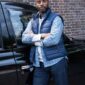 Doctor Who Shaun Temple blue puffer vest with front zipper, parachute material, and quilted design.