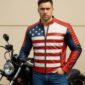 Men's USA Flag Biker Jacket made from real leather featuring a front zipper closure and two waist zipper pockets with patriotic red, white, and blue design.