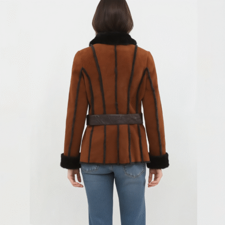 Women’s brown suede coat featuring faux fur collar and cuffs, mid-length design, front button closure, and soft faux fur lining for warmth and style.