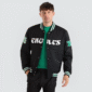 Philadelphia Eagles black satin varsity jacket with snap button closure and team logo.
