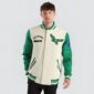 Philadelphia Eagles retro varsity jacket with Off White wool body, Green leather sleeves, and front zipper closure – classic sports style.