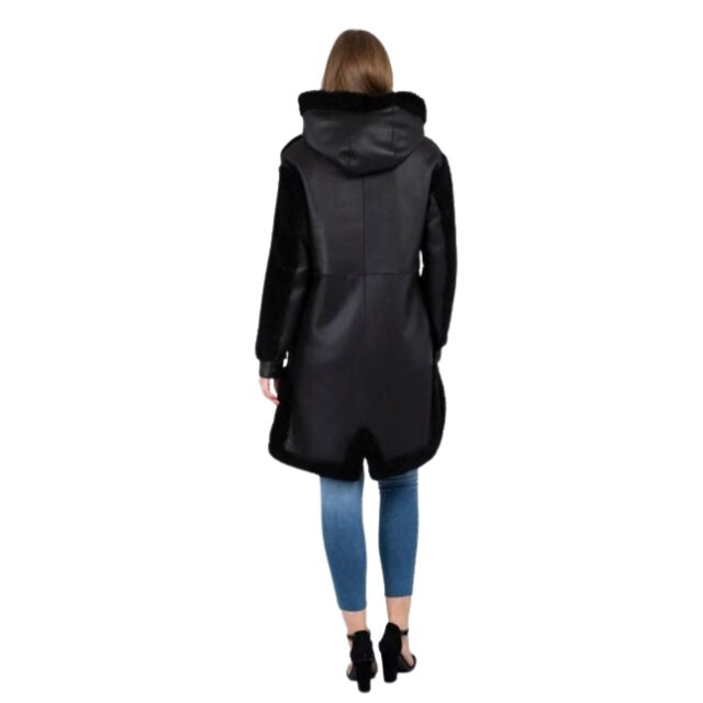 Women's black long trench coat featuring faux shearling material, faux fur-lined hood and cuffs, full front zipper closure, and warm, stylish winter design.