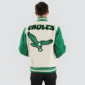 Philadelphia Eagles retro varsity jacket with Off White wool body, Green leather sleeves, and front zipper closure – classic sports style.