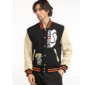 Black and beige varsity jacket with La Casa De Papel graphics, featuring Dalí mask, cash bundle patch, and 