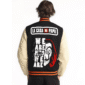 La Casa De Papel varsity jacket with black body, cream sleeves, Dali mask graphic, “WE ARE WHO WE ARE” text,