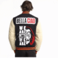 Black and beige varsity jacket with La Casa De Papel graphics, featuring Dalí mask, cash bundle patch, and 