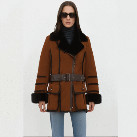 Women’s brown suede coat featuring faux fur collar and cuffs, mid-length design, front button closure, and soft faux fur lining for warmth and style.