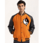 Halloween varsity jacket with reaper graphic, flaming yin-yang symbol, and bold orange-black color scheme.