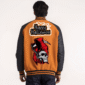 Halloween varsity jacket with reaper graphic, flaming yin-yang symbol, and bold orange-black color scheme.