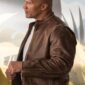 Dwayne Johnson Rampage-inspired real leather jacket featuring a stand-up collar, front zipper closure, multiple pockets, and a rugged, action-hero look.