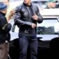 Brown leather jacket inspired by Dwayne Johnson in The Other Guys, featuring a ribbed -style collar, zipper closure, and flap chest pockets.