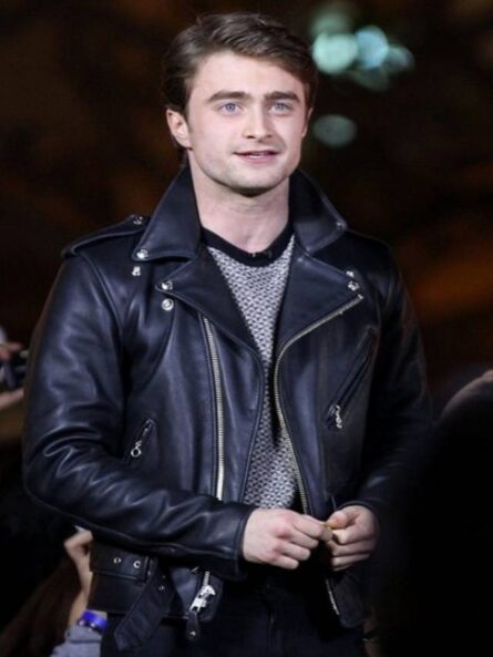 Daniel Radcliffe-inspired black biker leather jacket featuring real leather, asymmetrical zipper closure, snap-tab collar, and quilted shoulder design.