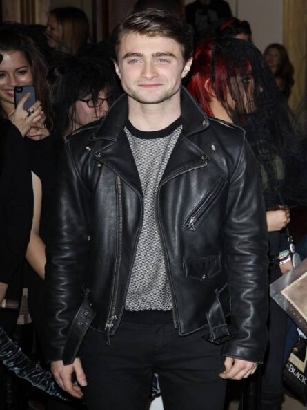 Daniel Radcliffe-inspired black biker leather jacket featuring real leather, asymmetrical zipper closure, snap-tab collar, and quilted shoulder design.